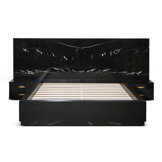 King size designer bed with matching marble nightstands and storage drawers.