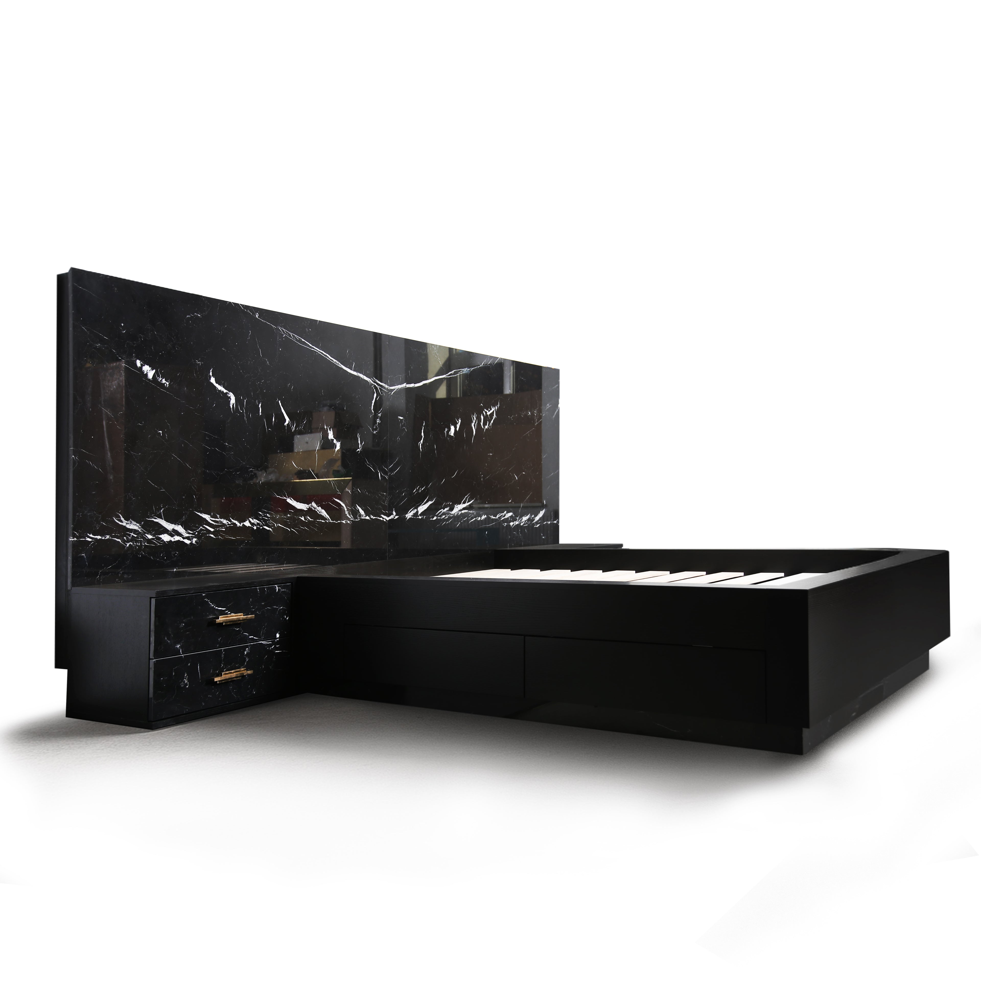 Polished Nero Marquina marble headboard inspired by Icelandic Dettifoss waterfall.