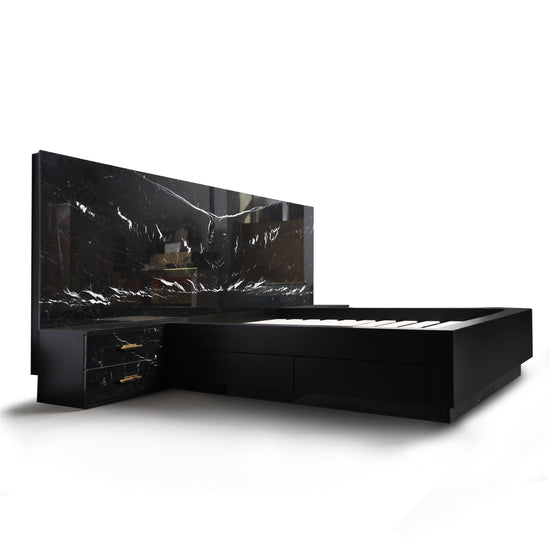 Polished Nero Marquina marble headboard inspired by Icelandic Dettifoss waterfall.