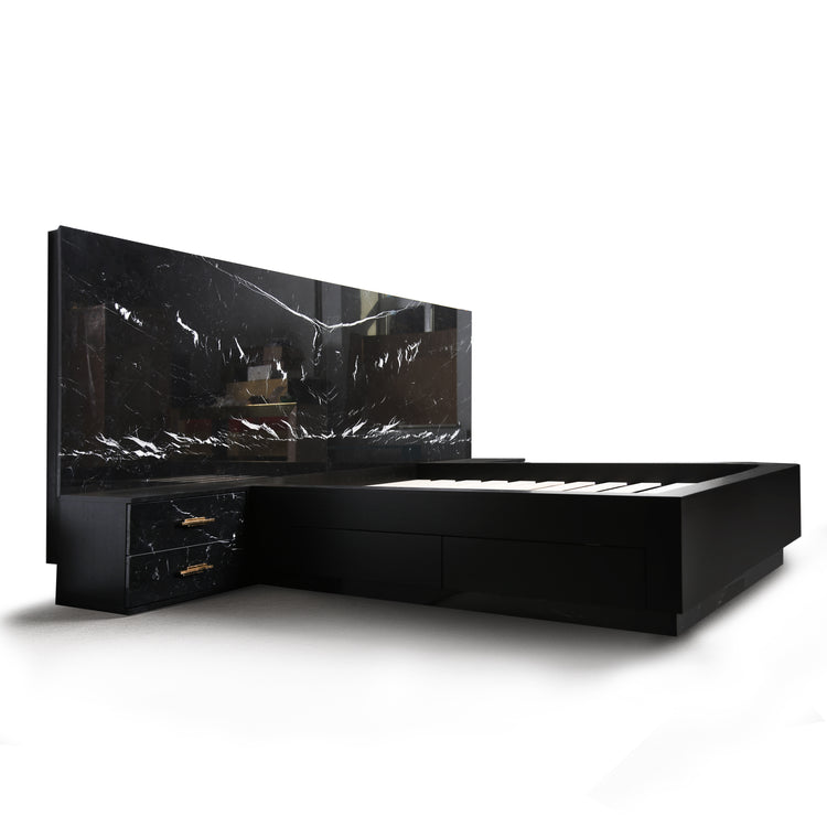 Polished Nero Marquina marble headboard inspired by Icelandic Dettifoss waterfall.