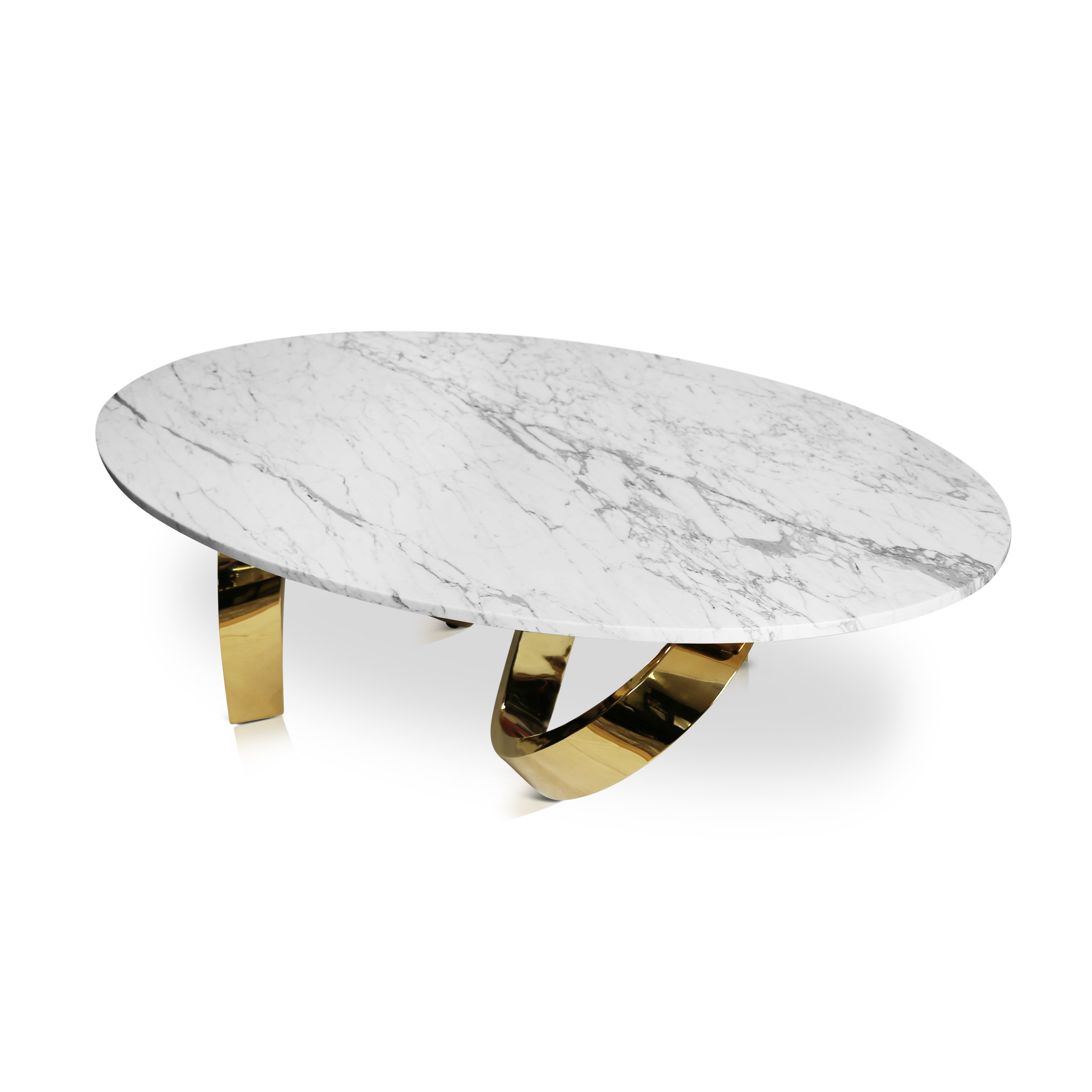 Modern marble and gold coffee table handcrafted by Hekla Studio.