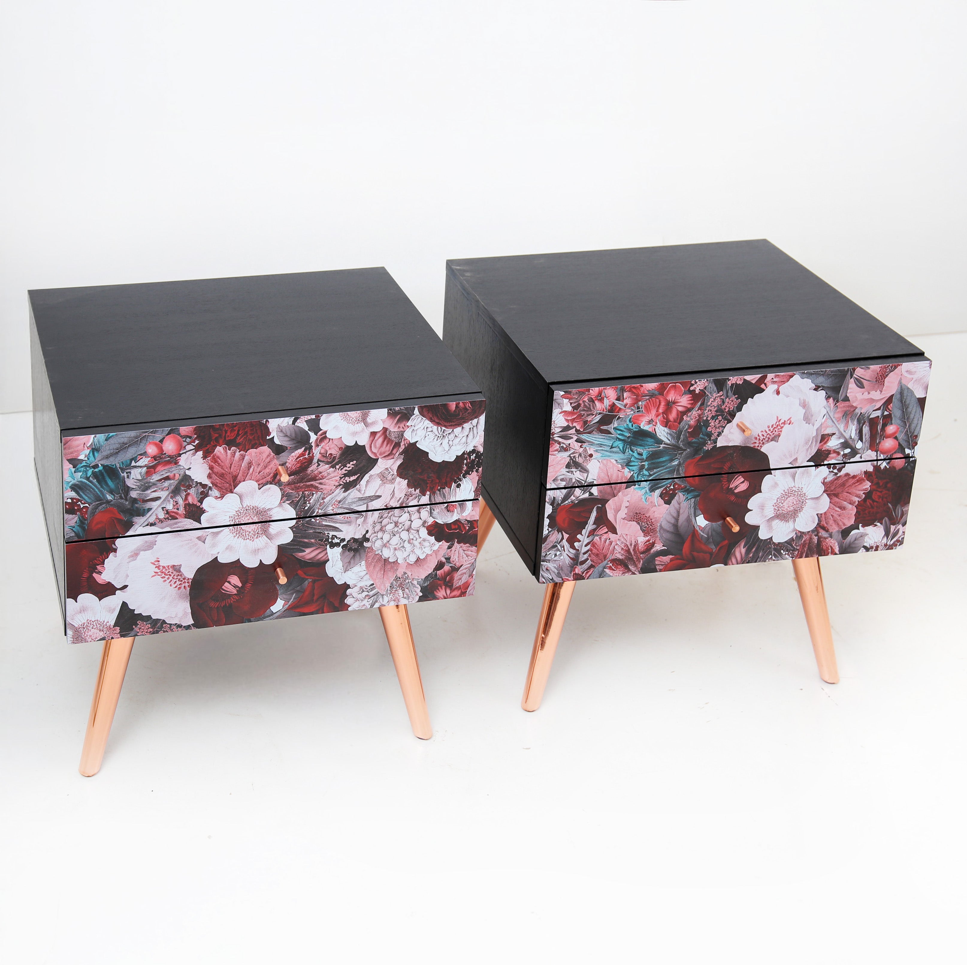 Artistic nightstand combining natural wood and floral print design