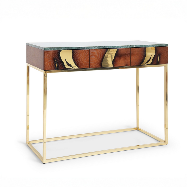 Luxury oak console table with brass base and marble top handcrafted with precision and timeless elegance.