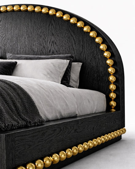 Contemporary luxury bed with brass sphere detailing and solid wood base