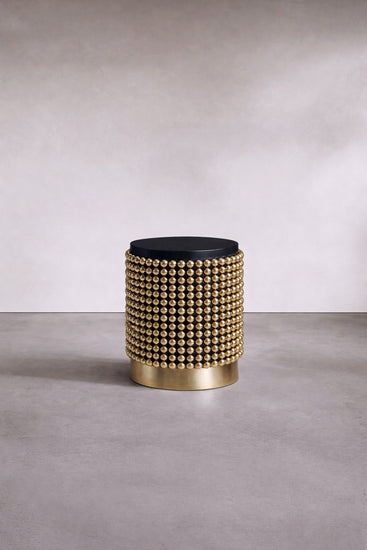 Luxury side table with gold-plated spheres and dark black ash wood surface, designed by Railis Kotlevs