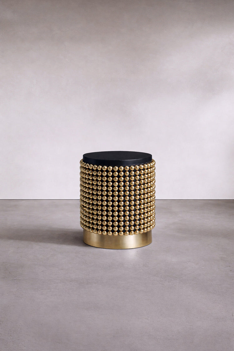 Luxury side table with gold-plated spheres and dark black ash wood surface, designed by Railis Kotlevs