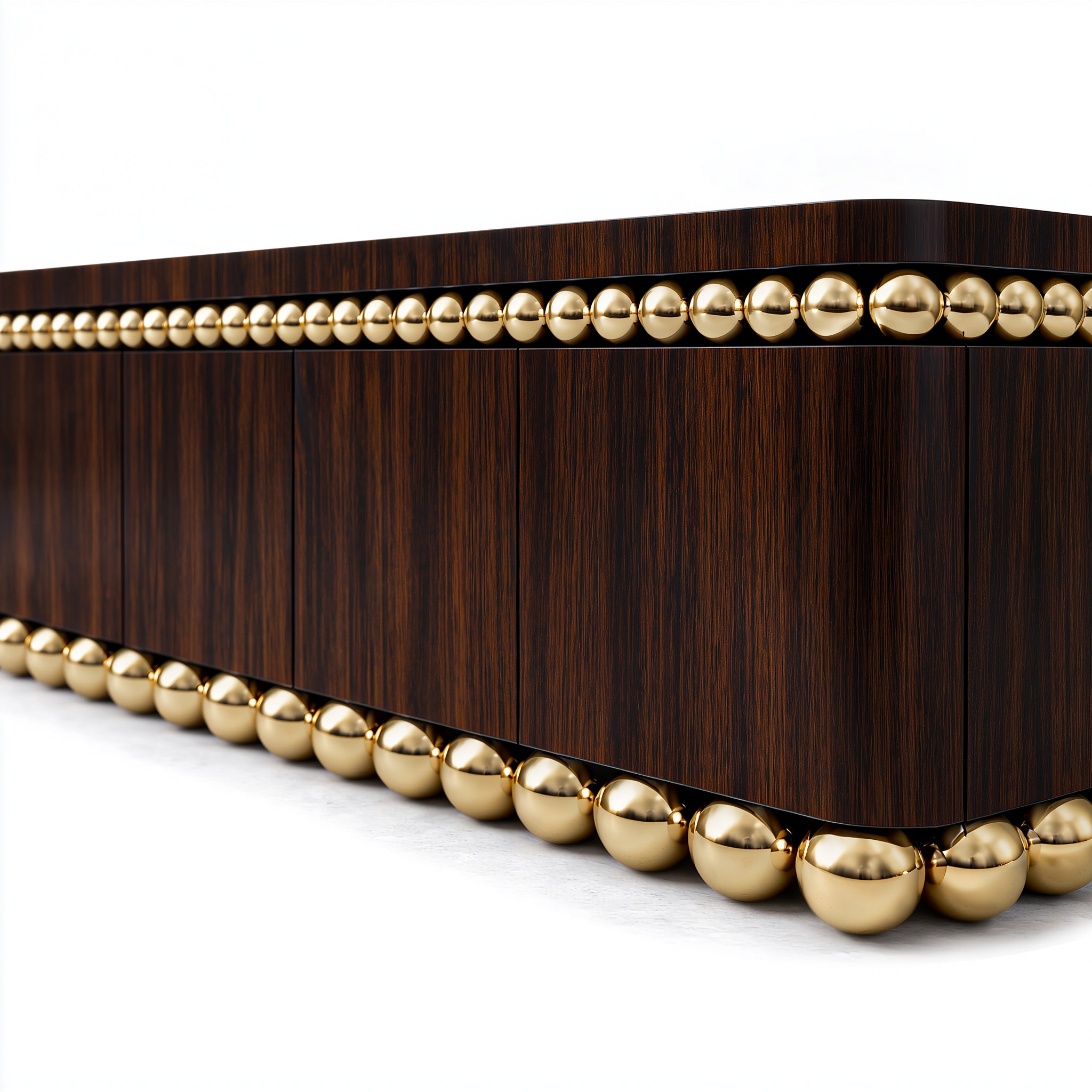 Architectural luxury sideboard with dark wood veneer and gold-plated sphere accents
