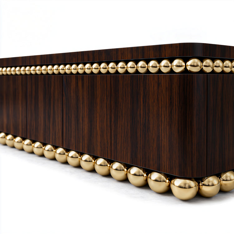 Architectural luxury sideboard with dark wood veneer and gold-plated sphere accents