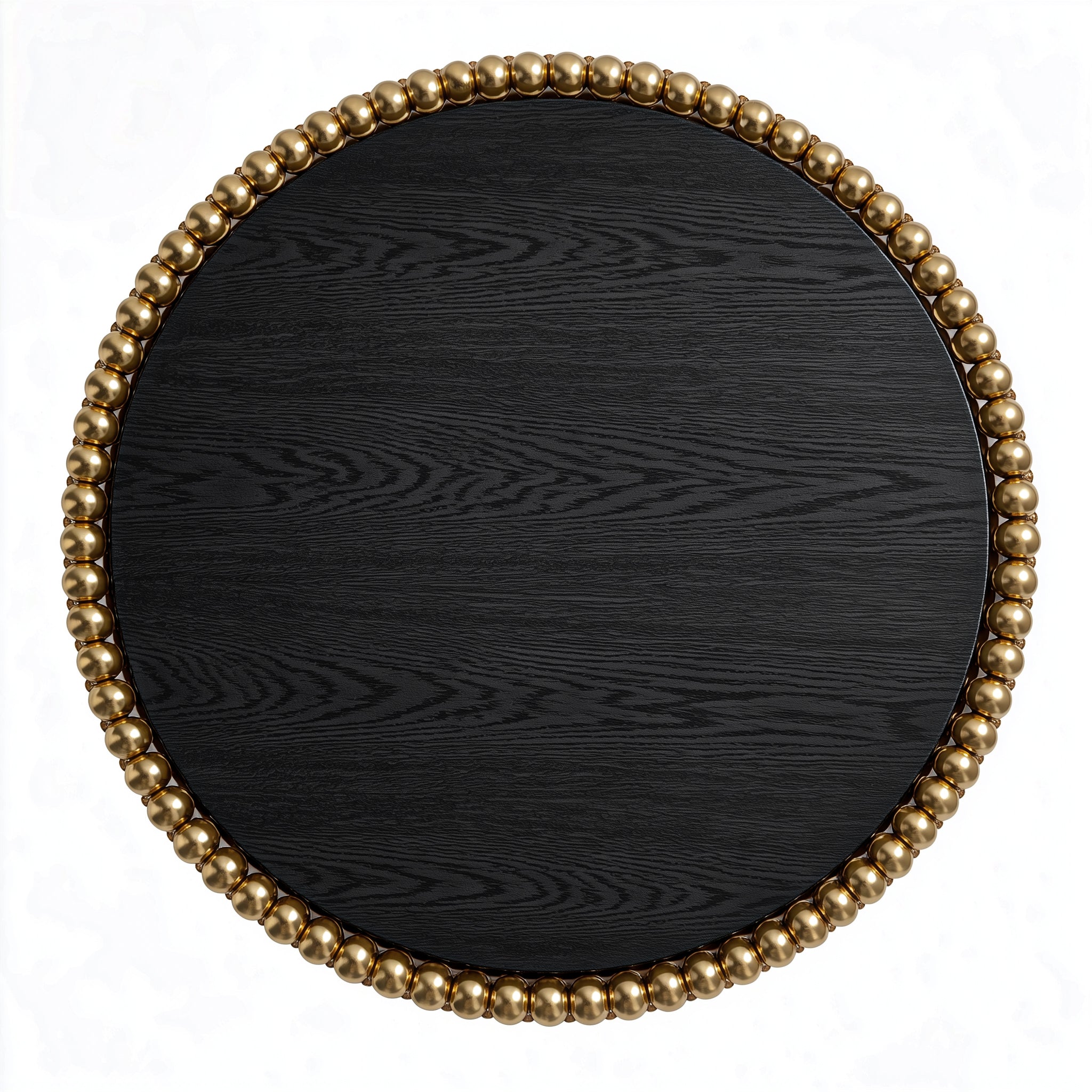 Round dining table in black ash veneer with clustered gold-plated stainless steel spheres