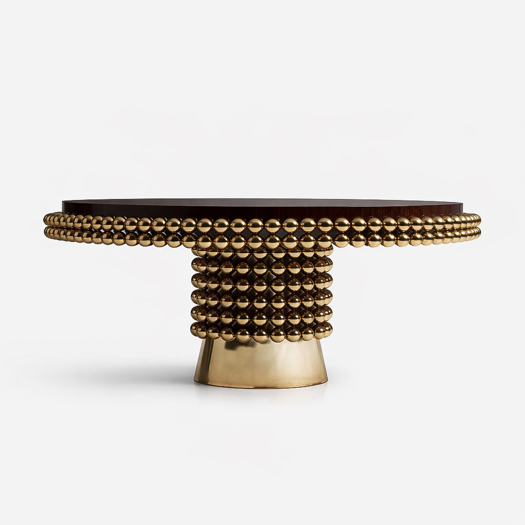 Lustra round dining table by Hekla Property featuring a dark wood veneer top and sculptural gold-plated sphere base on a white studio background.