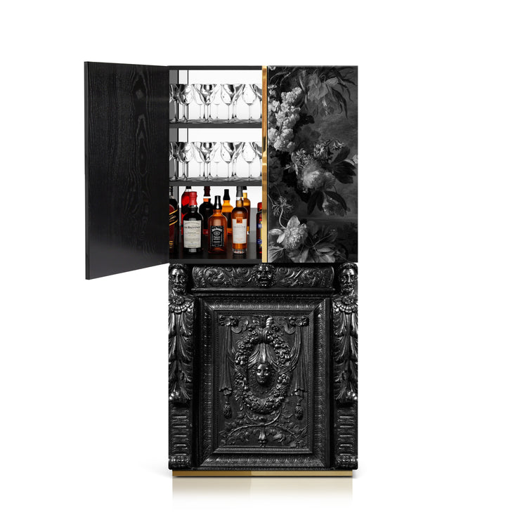 Artistic handcrafted bar cabinet combining classical European style with modern design.