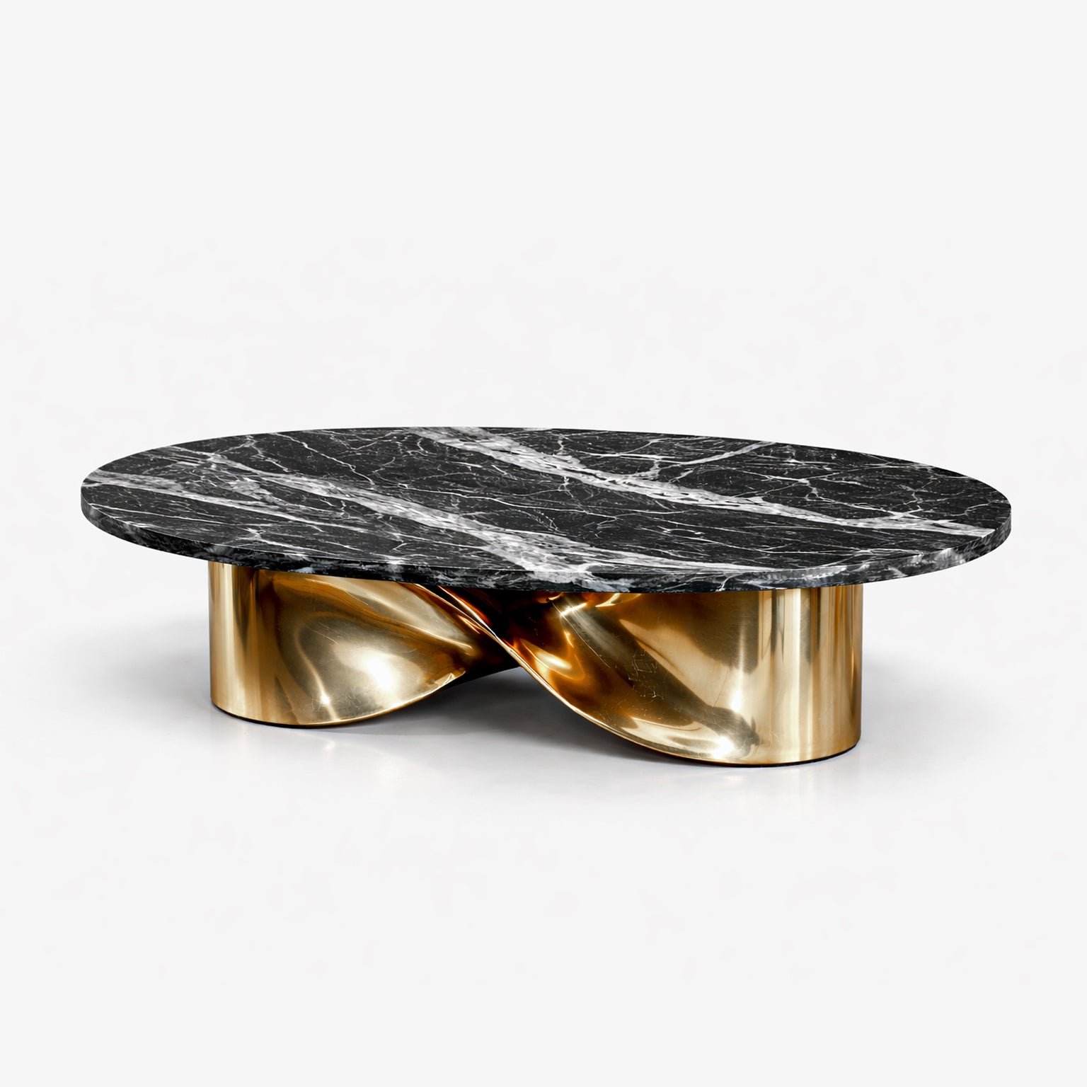 Radiance dining table featuring dramatic white veined black marble and mirror-polished gold base.
