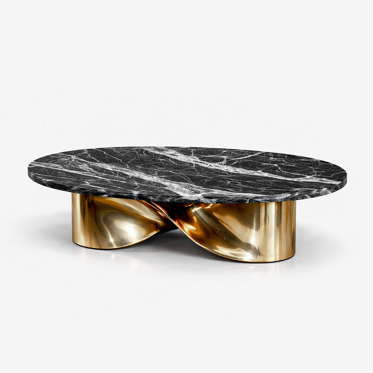 Radiance dining table featuring dramatic white veined black marble and mirror-polished gold base.