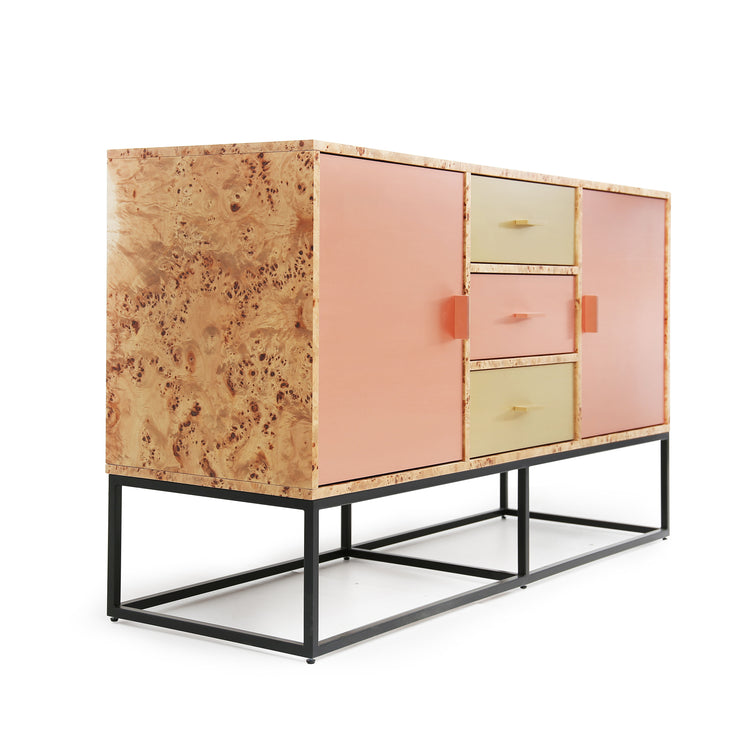 Contemporary furniture design in poplar burl veneer and brass accents