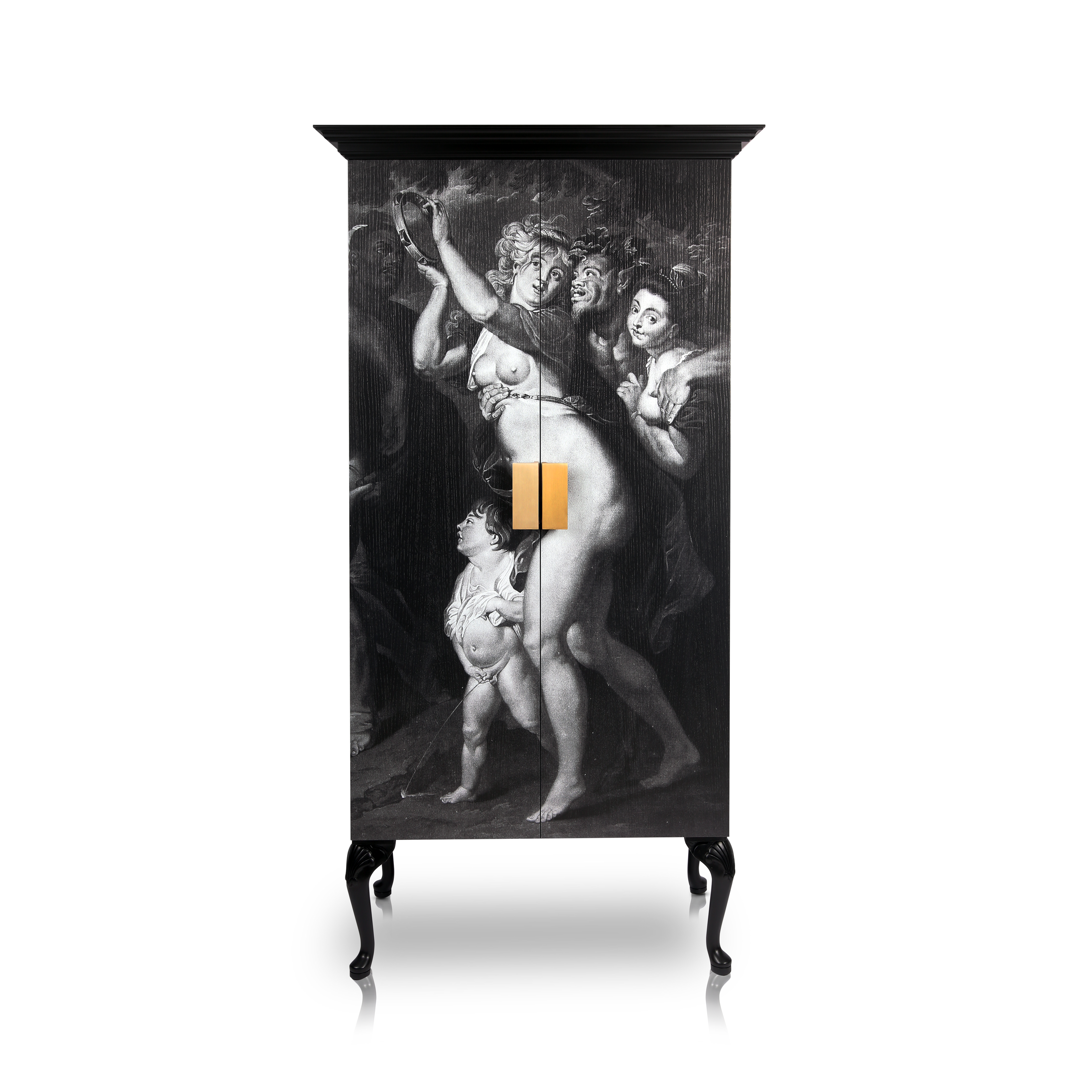 Artistic furniture piece inspired by Silenus mythology and European heritage.