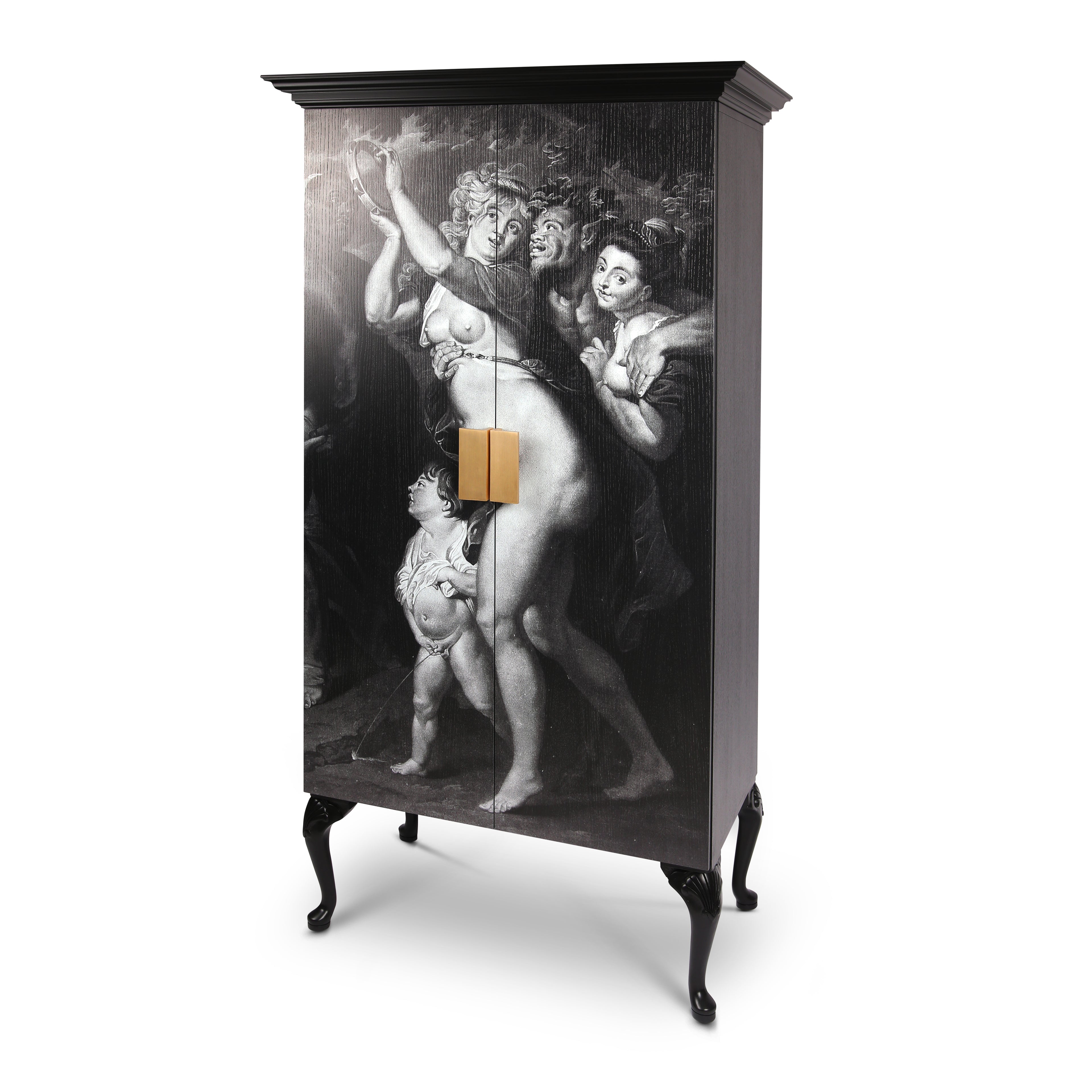 classical painting on dark satin wood wardrobe.