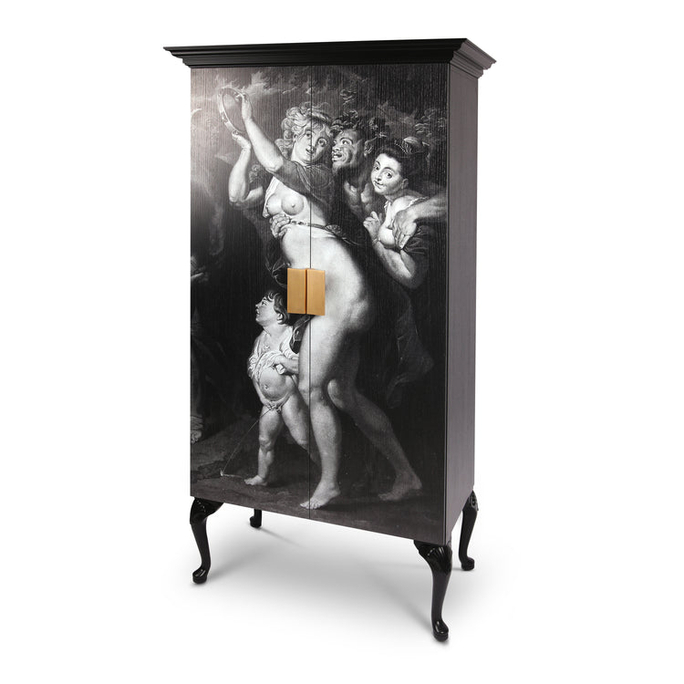 classical painting on dark satin wood wardrobe.