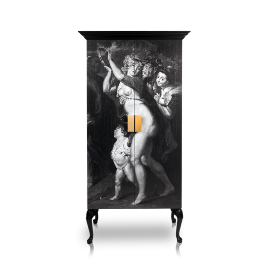 Artistic furniture piece inspired by Silenus mythology and European heritage.