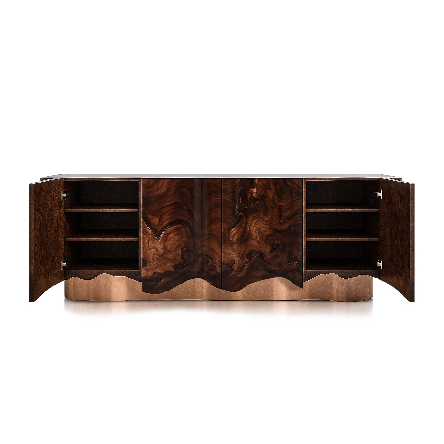 High-gloss walnut burl cabinet with sculptural copper plinth and organic flowing edges.