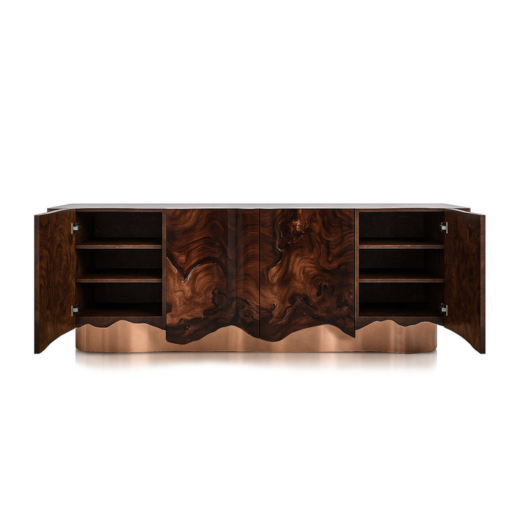High-gloss walnut burl cabinet with sculptural copper plinth and organic flowing edges.