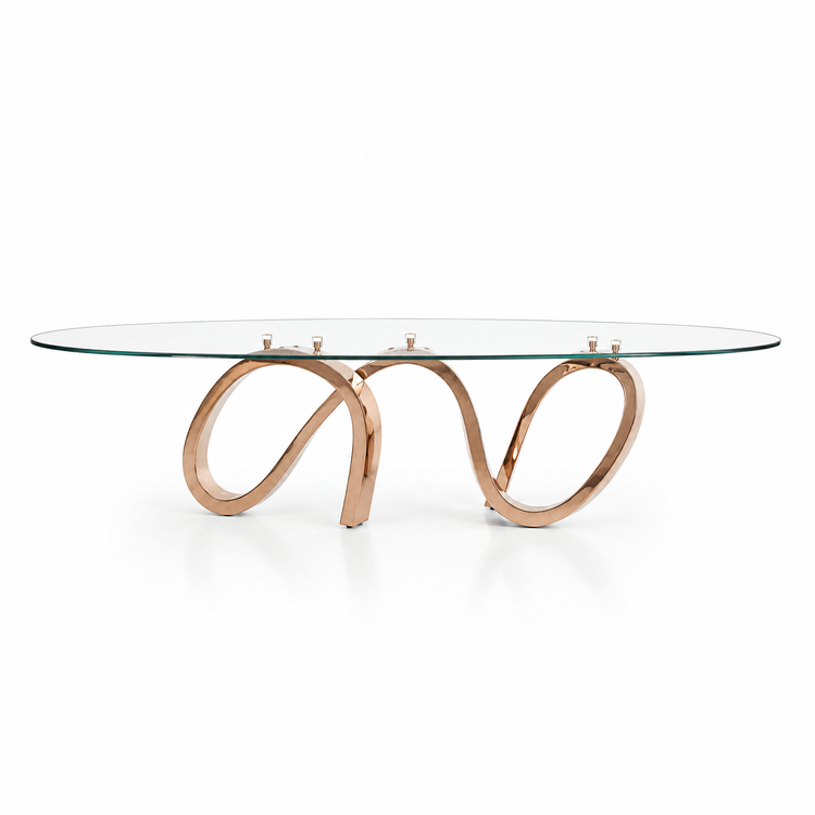 Oval glass coffee table with flowing stainless steel base finished in copper plating.