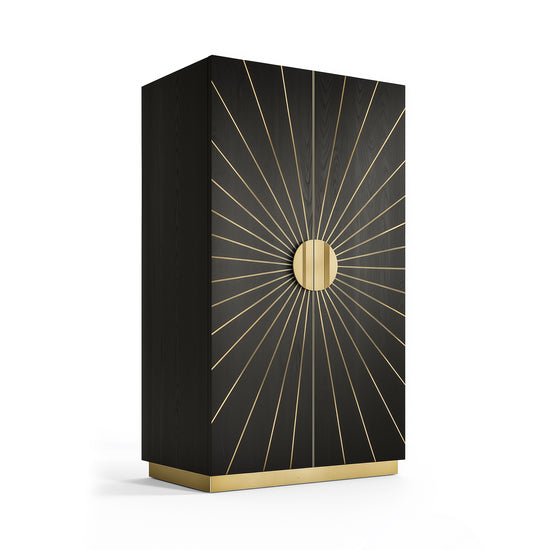 Handcrafted black ash wardrobe featuring geometric brass detailing.