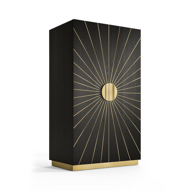 Handcrafted black ash wardrobe featuring geometric brass detailing.