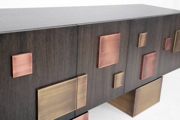 Echo Sideboard doors open revealing brown oak veneer shelves and storage interior.