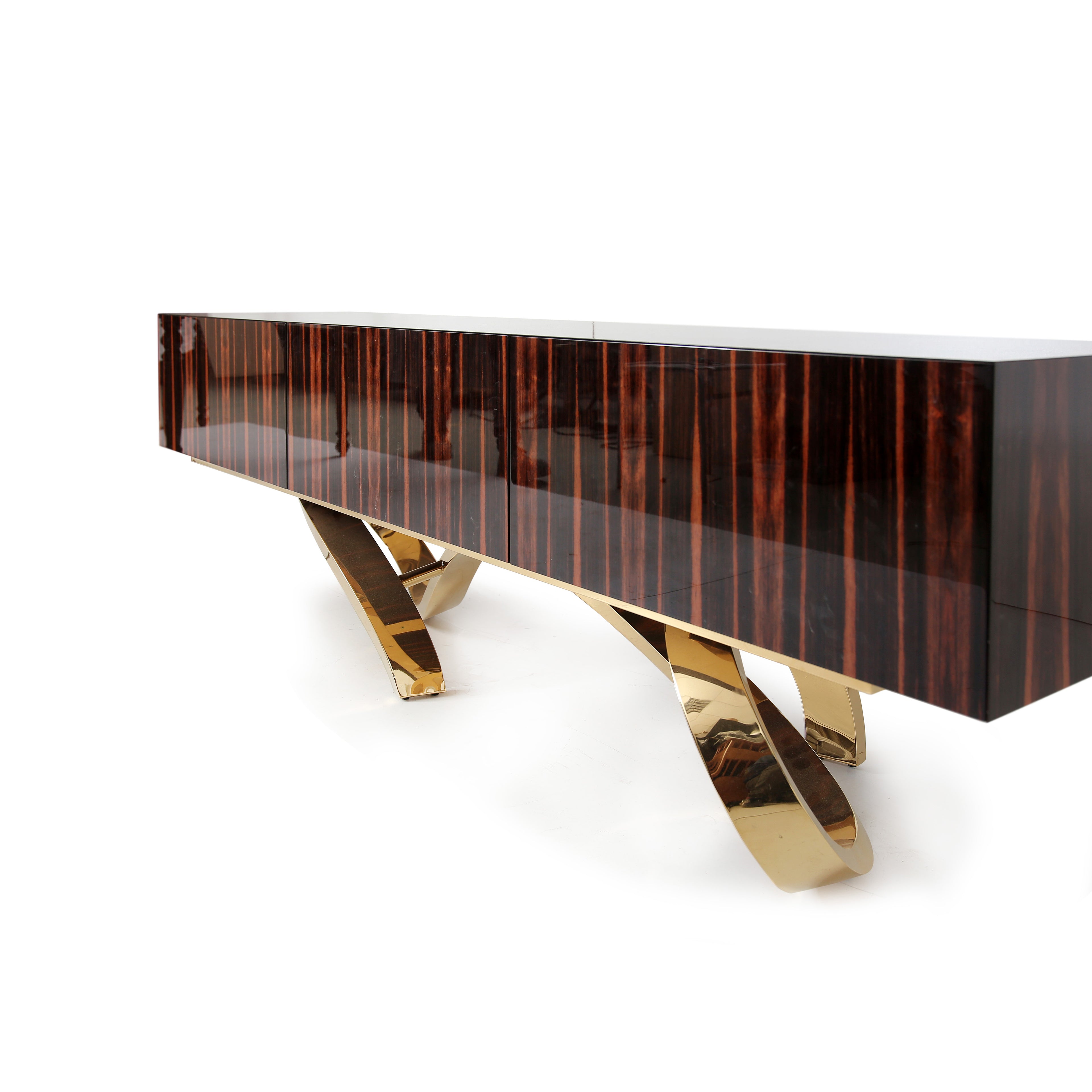 Modern high-gloss Macassar Ebony sideboard with artistic metal base by Hekla Studio