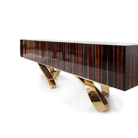 Modern high-gloss Macassar Ebony sideboard with artistic metal base by Hekla Studio