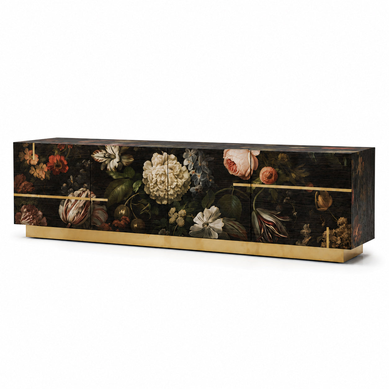 Aurelia sideboard shown from an angled view, featuring floral artwork on dark oak veneer, polished brass inlays and a brass plinth base.