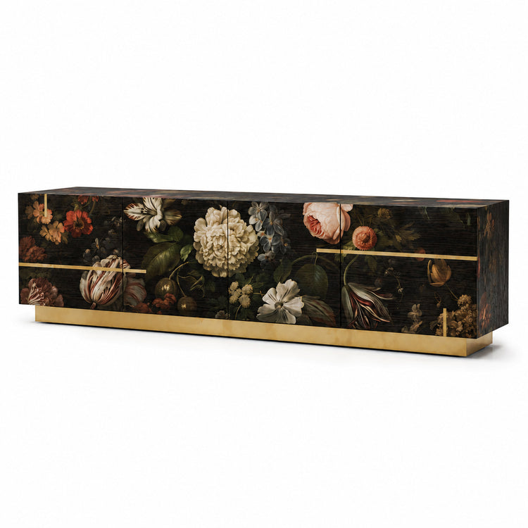 Aurelia sideboard shown from an angled view, featuring floral artwork on dark oak veneer, polished brass inlays and a brass plinth base.