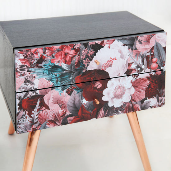Close-up of floral artwork printed on wood veneer of Flora Nightstand