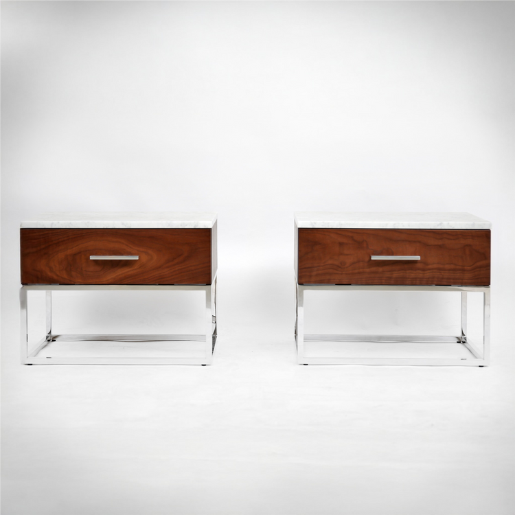 Minimalist bedside table with marble top and geometric stainless steel base