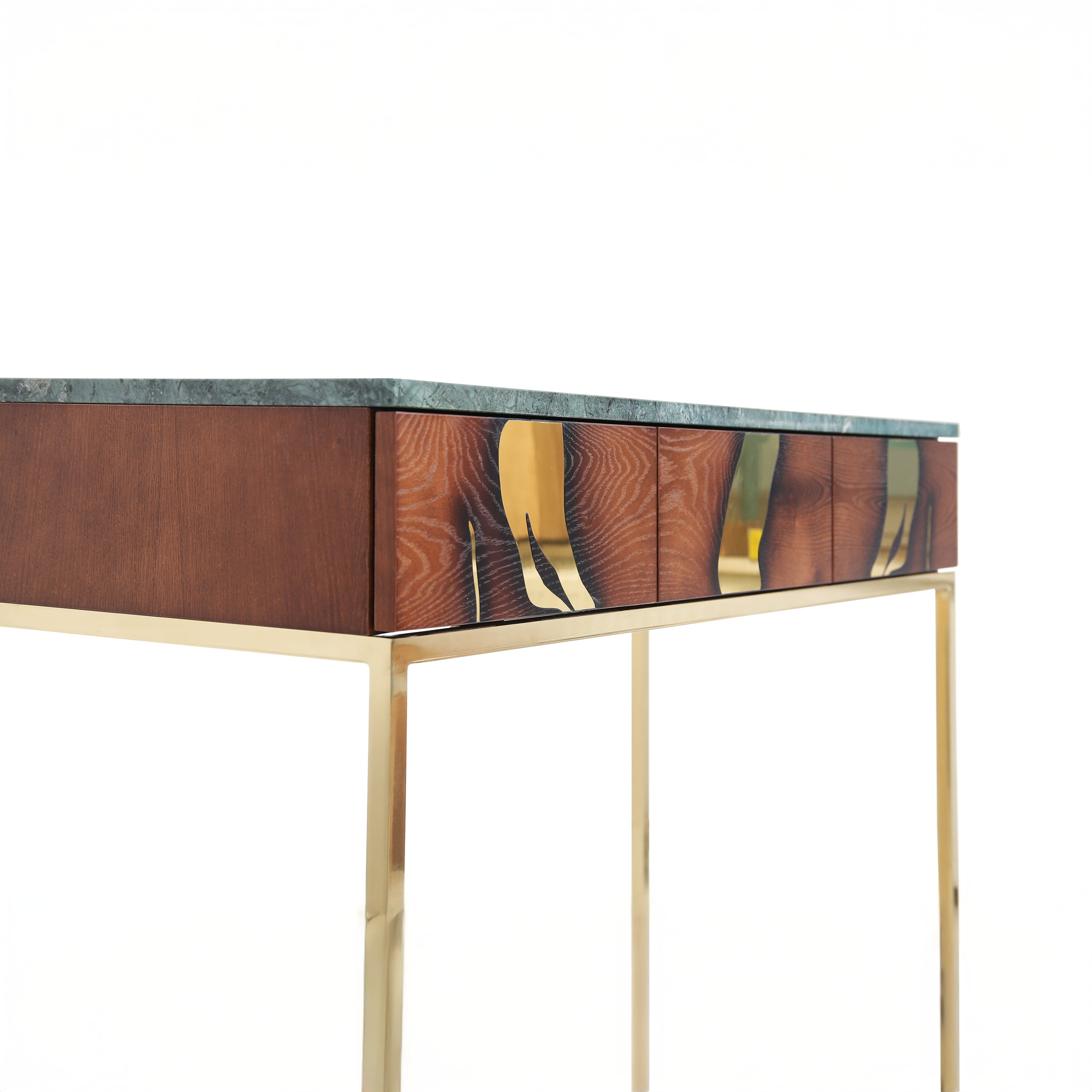 Sculptural Laxa Console Table blending oak veneer body, polished brass base, and Verde Alpi marble surface.