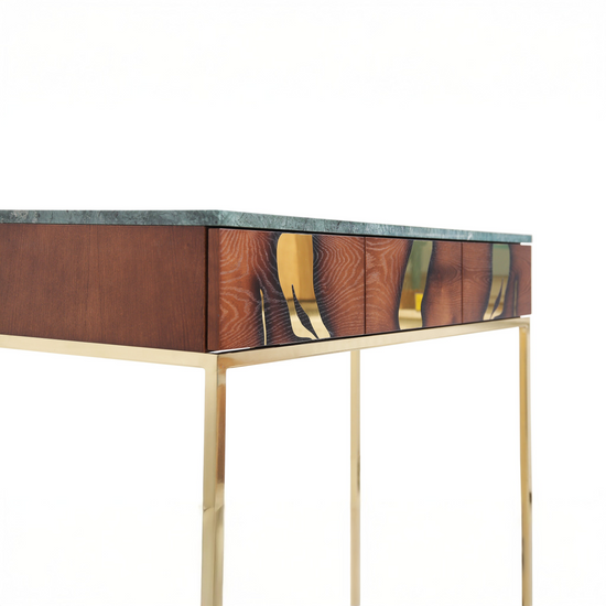 Sculptural Laxa Console Table blending oak veneer body, polished brass base, and Verde Alpi marble surface.