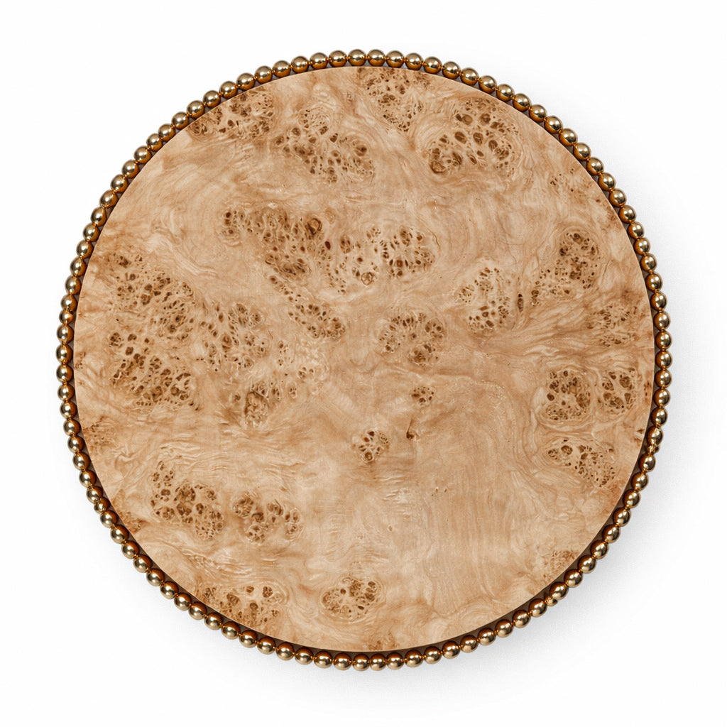 Luxury coffee table with reflective gold spheres and figured poplar burl tabletop, designed by Railis Kotlevs