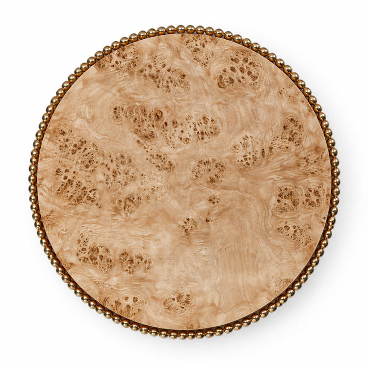 Luxury coffee table with reflective gold spheres and figured poplar burl tabletop, designed by Railis Kotlevs