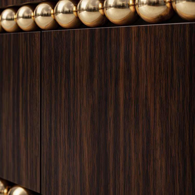 Modern luxury sideboard in dark wenge wood with polished gold sphere detailing