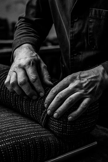 Close-up of a person's hands holding a woven basket on a textured surface.