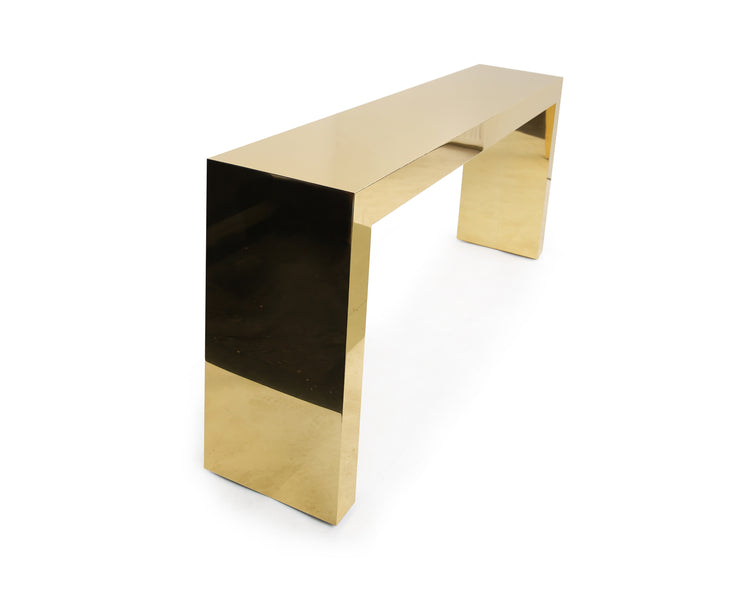 Gold modern console table with clean lines and seamless edges, 220 cm wide.