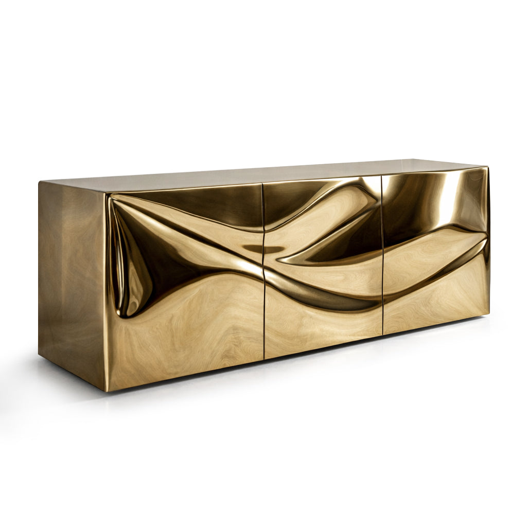 Three-quarter angle of Radiance console showcasing curved metallic surfaces and depth.