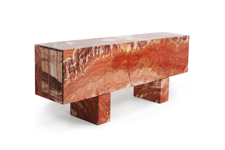 Red onyx credenza with natural ash interior by Hekla Property