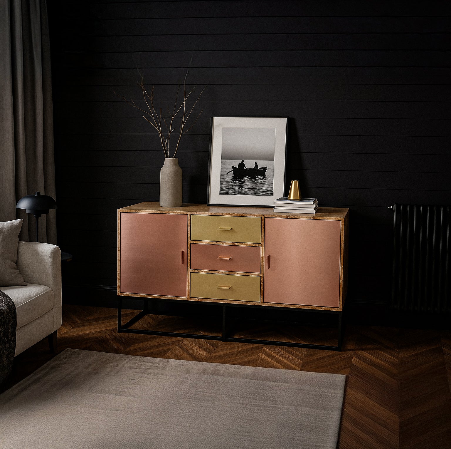 Poplar burl sideboard with copper and brass finishes for modern interiors