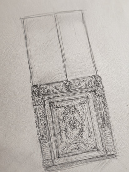 A pencil sketch of an ornate classical wall panel or decorative molding, drawn on textured off-white paper.