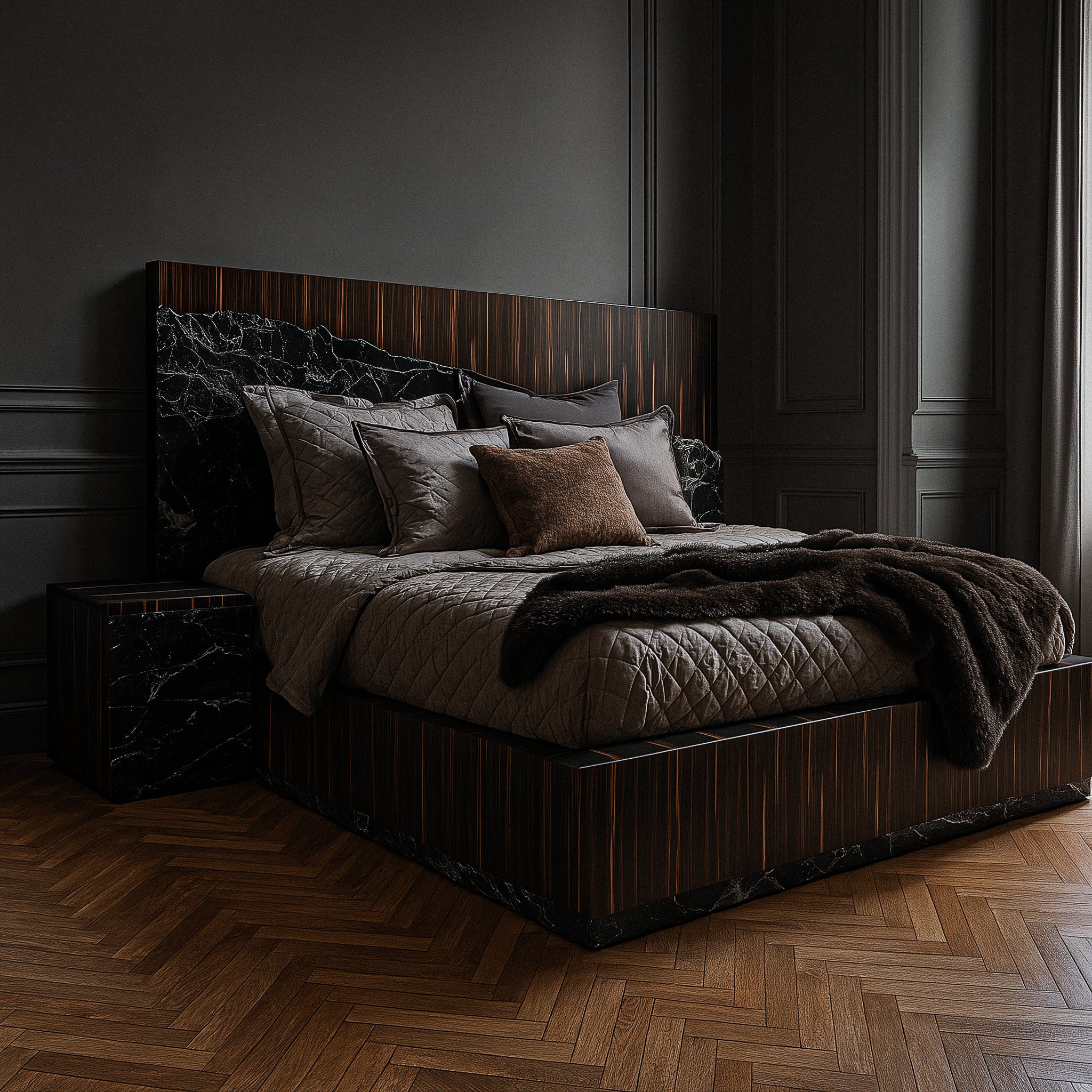 Detailed texture of polished marble and deep-toned ebony veneer on the Gullfoss Bed.