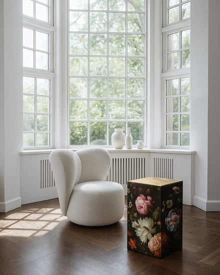 Classical floral motif on wood grain