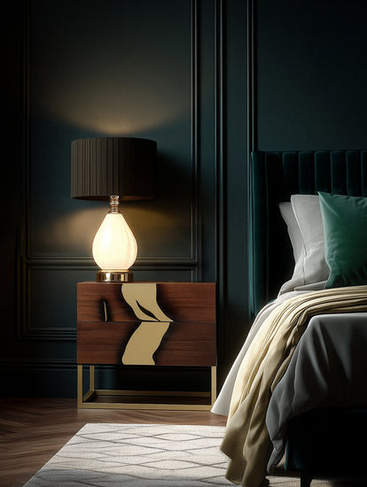 Luxury walnut and brass Laxa Nightstand styled in contemporary bedroom with soft lighting and minimalist décor.