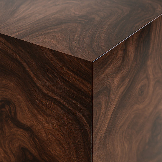 Hekla Property Nøkken sideboard showcasing natural burl grain and curved copper base