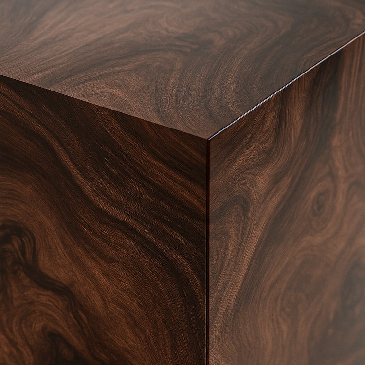 Hekla Property Nøkken sideboard showcasing natural burl grain and curved copper base